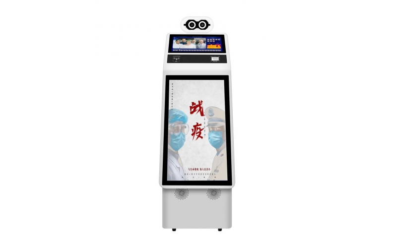 測(cè)溫機(jī)器人采用熱成像進(jìn)口模組，遠(yuǎn)距離多人測(cè)溫，雙屏15.6寸+27寸